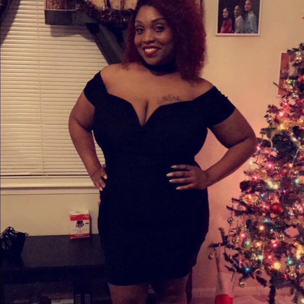 Black off the shoulder dress with attached choker